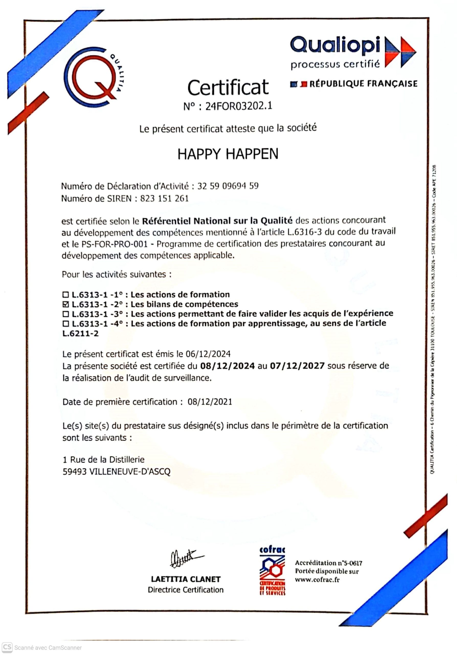 Certificat QUALIOPI Bilan de compétences pour HAPPY HAPPEN